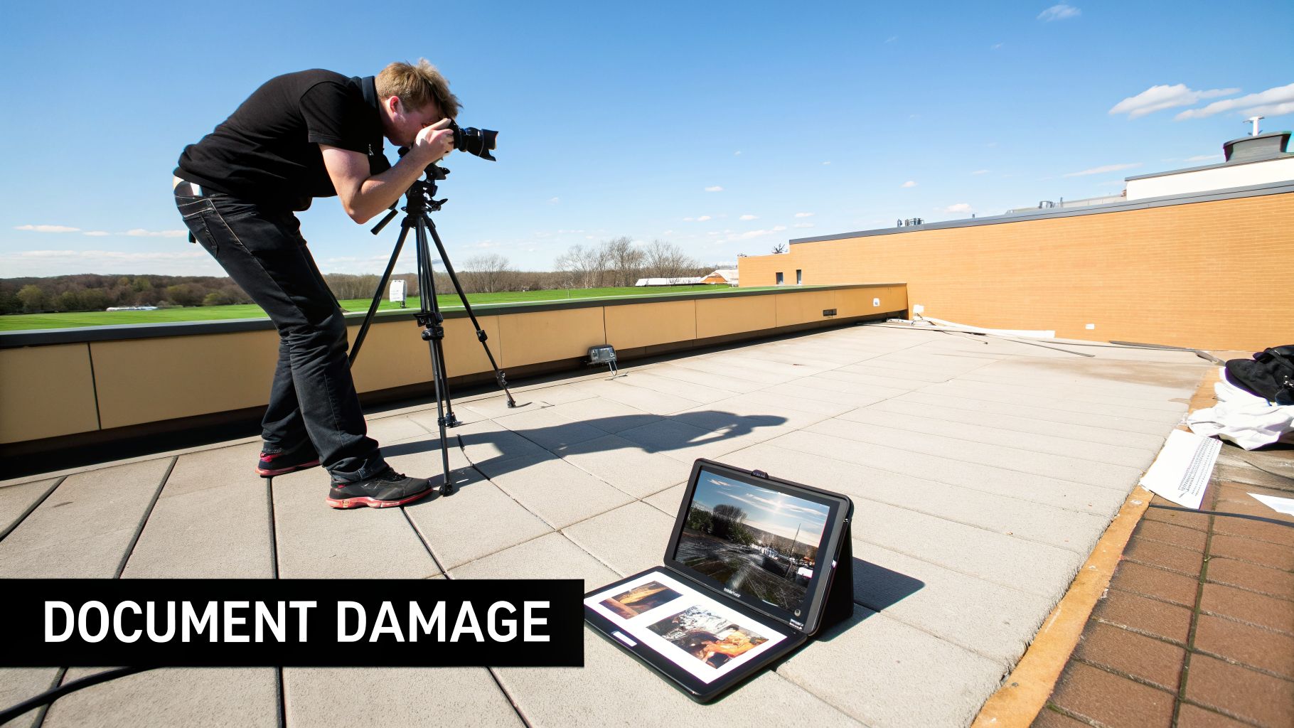 A man uses a camera on a tripod to photograph a rooftop, documenting damage for an insurance report.