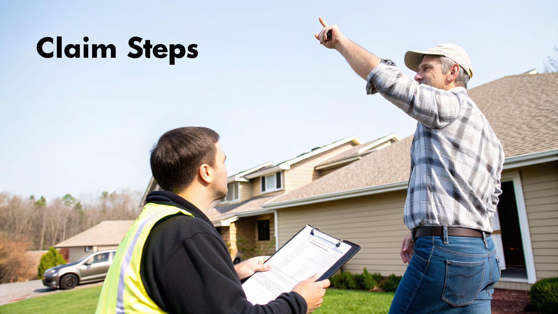 An insurance adjuster and homeowner review claim steps during a roof inspection.