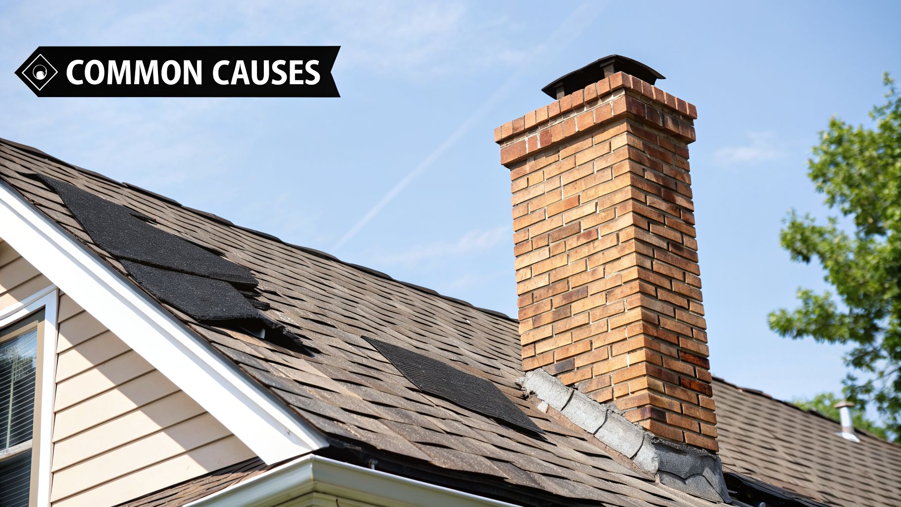 A house roof with damaged and missing shingles near a brick chimney under a clear blue sky, showing roof damage.