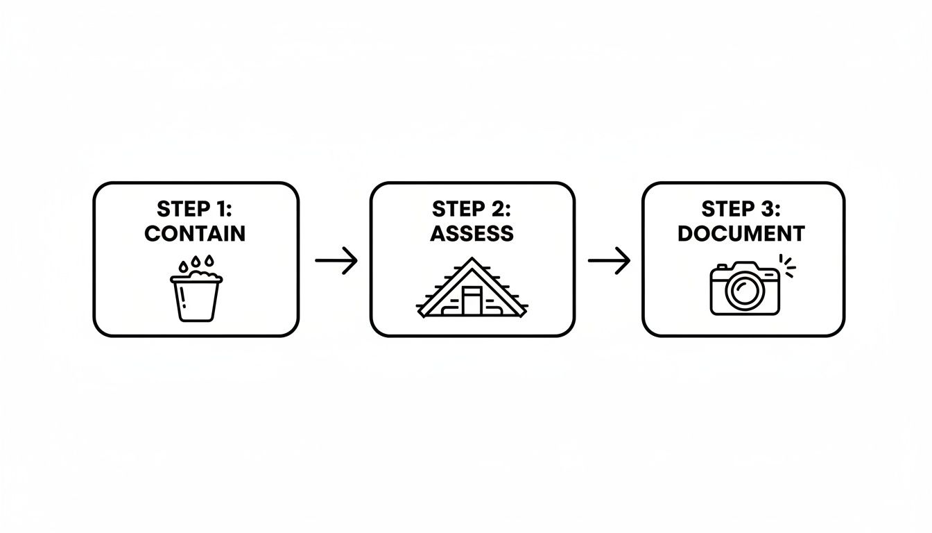 Three-step diagram: contain water with a bucket, assess a roof, and document with a camera.
