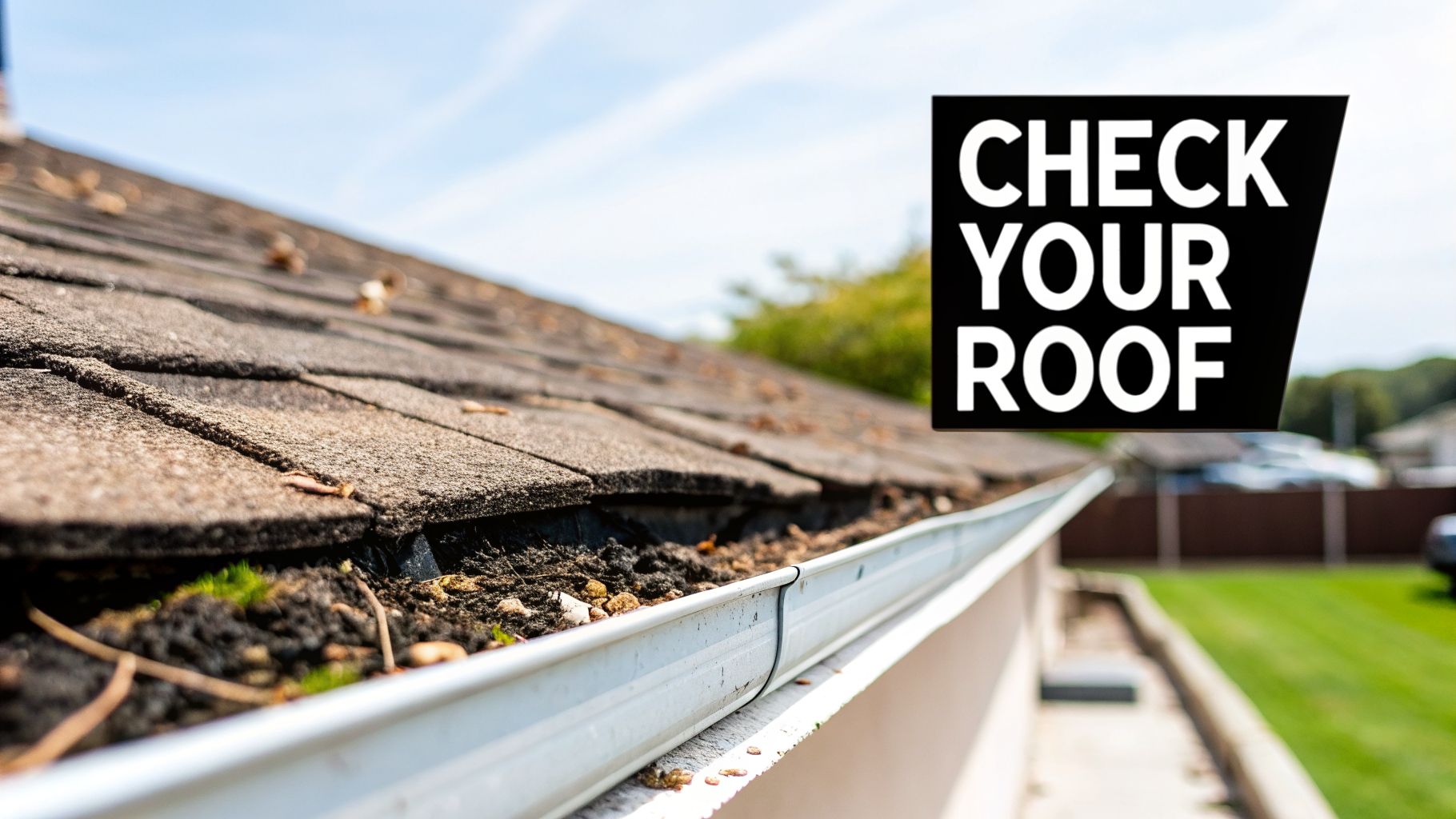A close-up of dirty gutters filled with debris and an aging roof, highlighting the need for roof inspection.