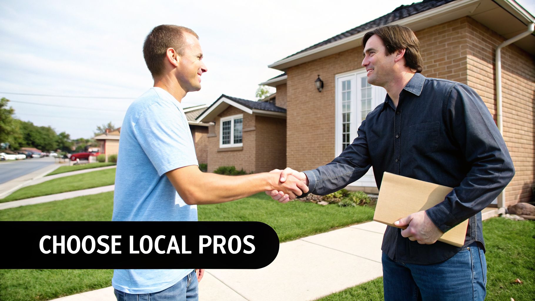 Two men shaking hands in front of a brick house, one holding a package, suggesting a local service.