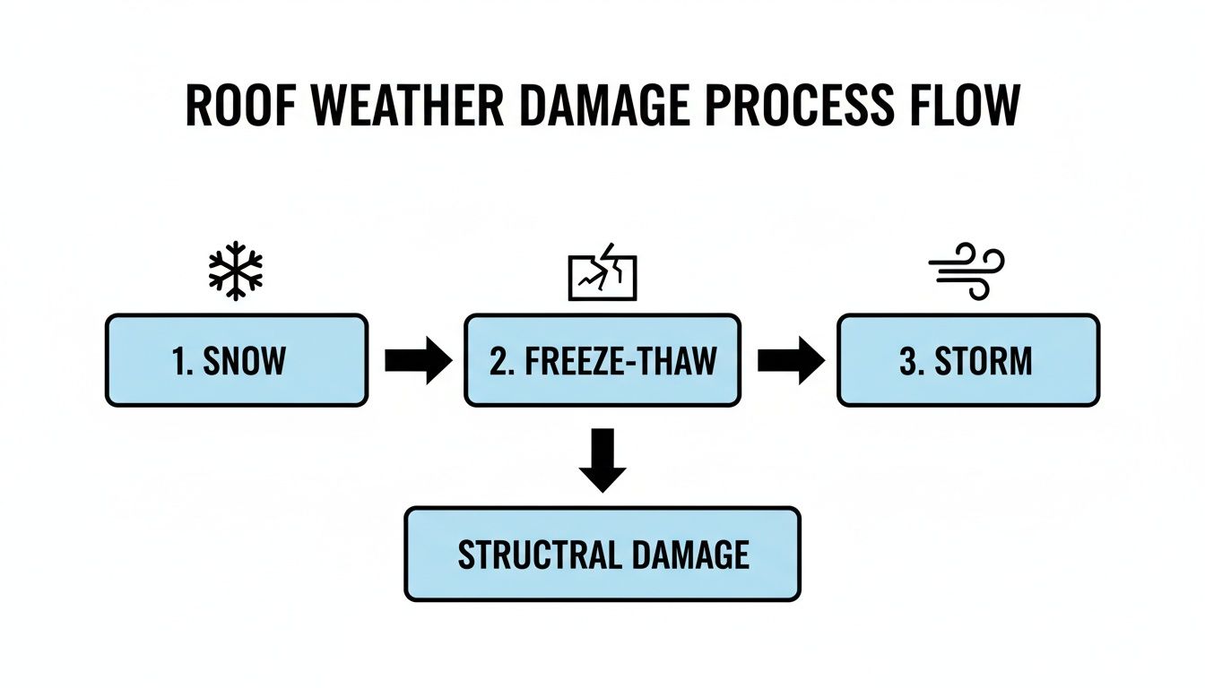 Flowchart illustrating the roof weather damage process: snow, freeze-thaw, and storm leading to structural damage.