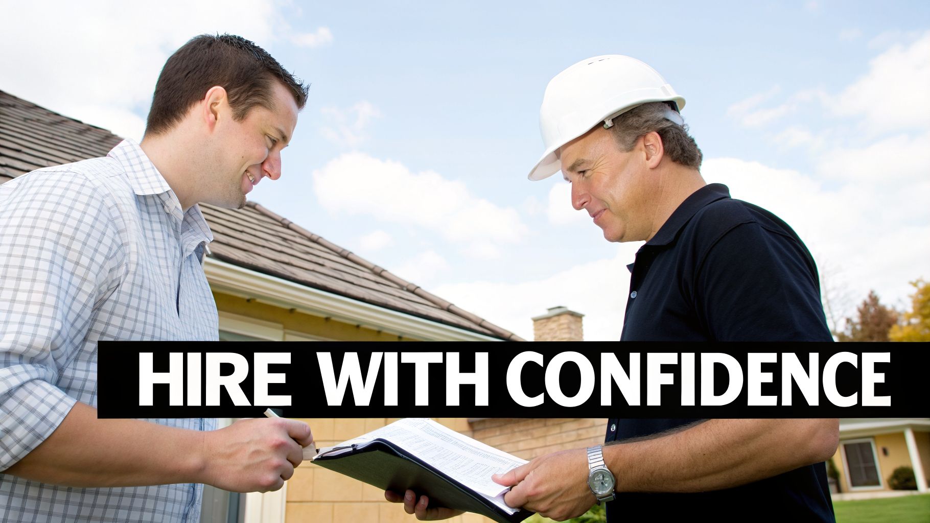 A homeowner discusses details and reviews documents with a contractor wearing a hard hat outdoors.