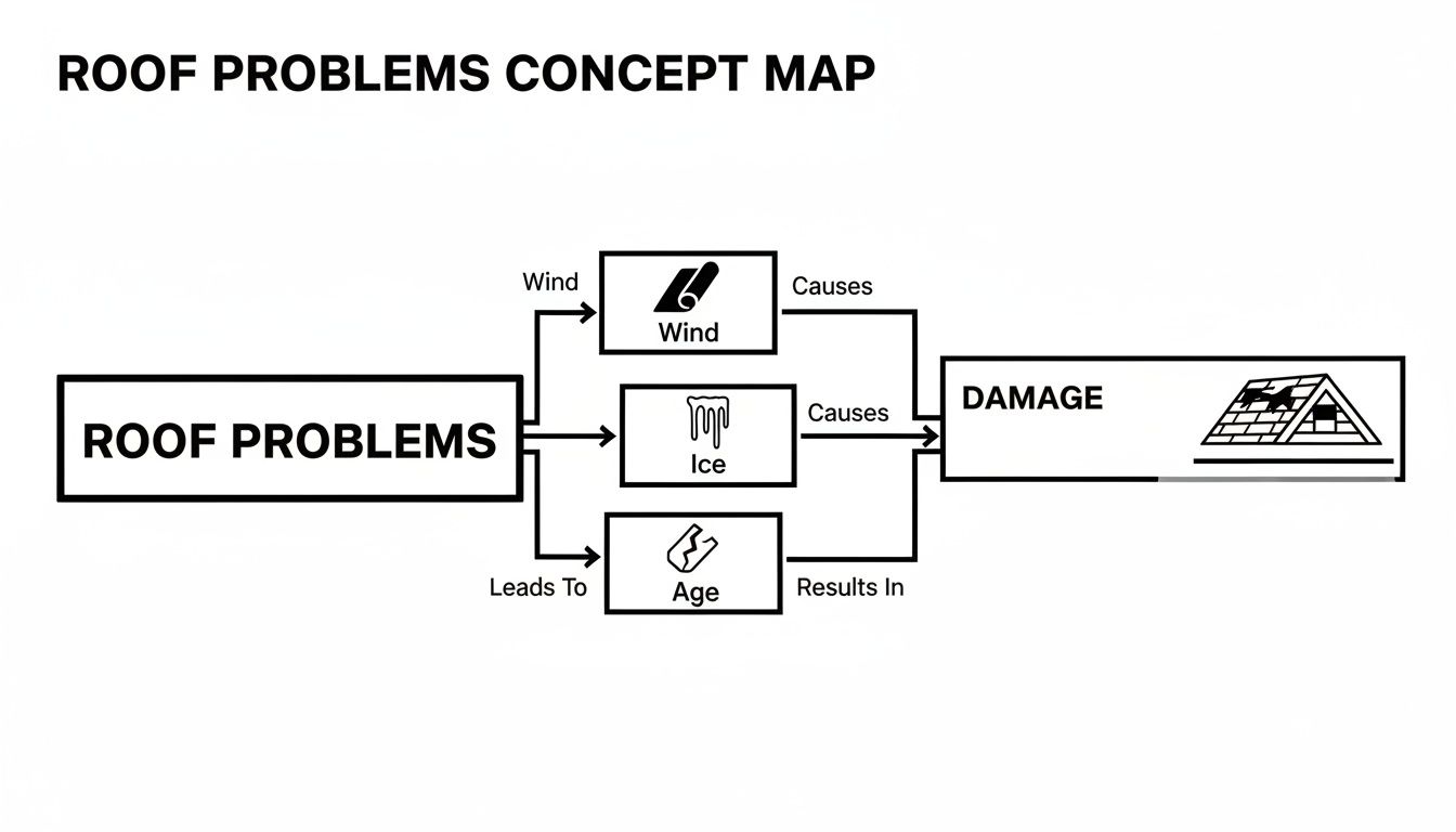 Concept map illustrating roof problems caused by wind, ice, and age, resulting in damage.