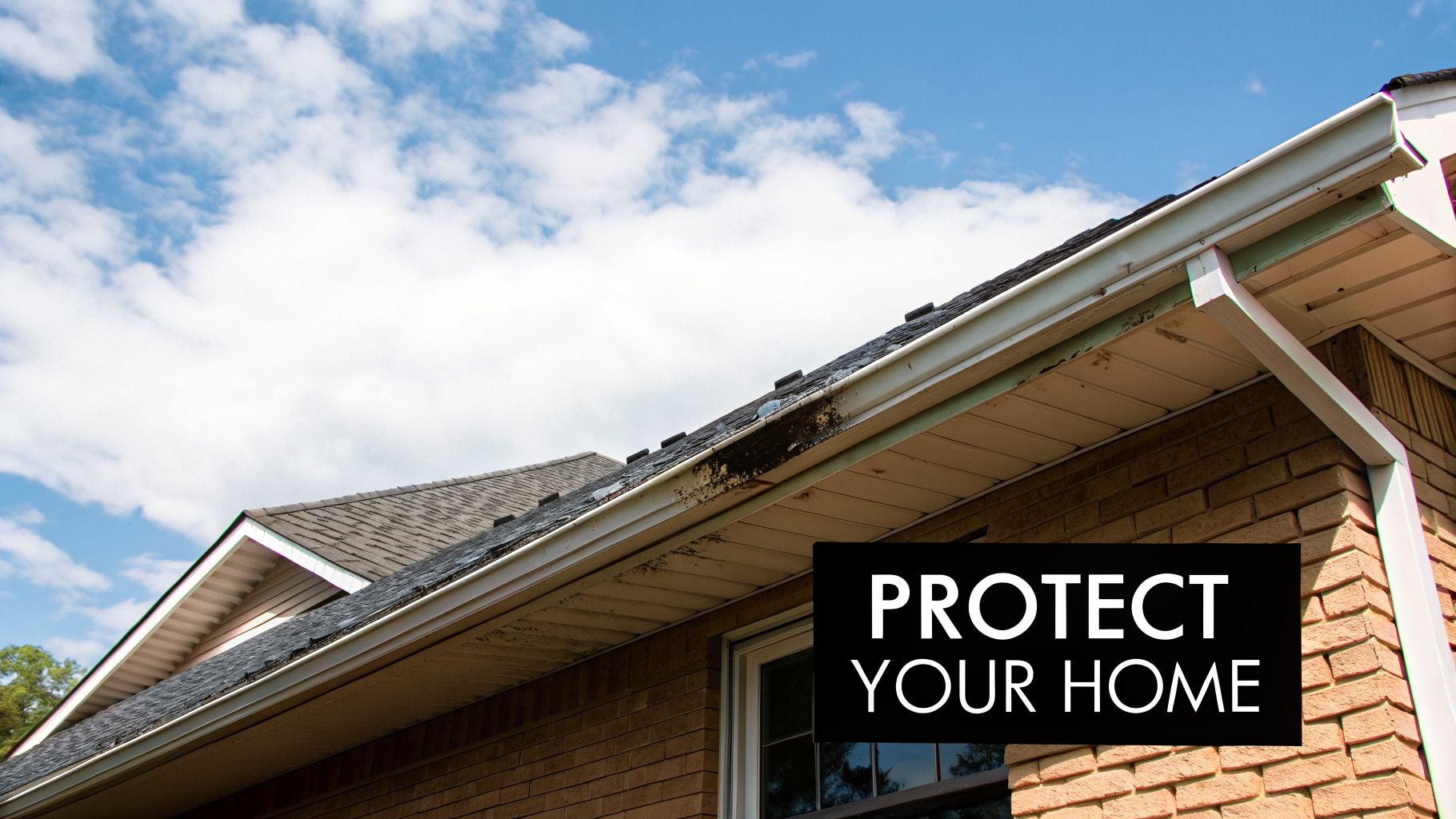 Damaged roof shingles and dirty gutters on a brick house with a blue sky, text 'PROTECT YOUR HOME'.