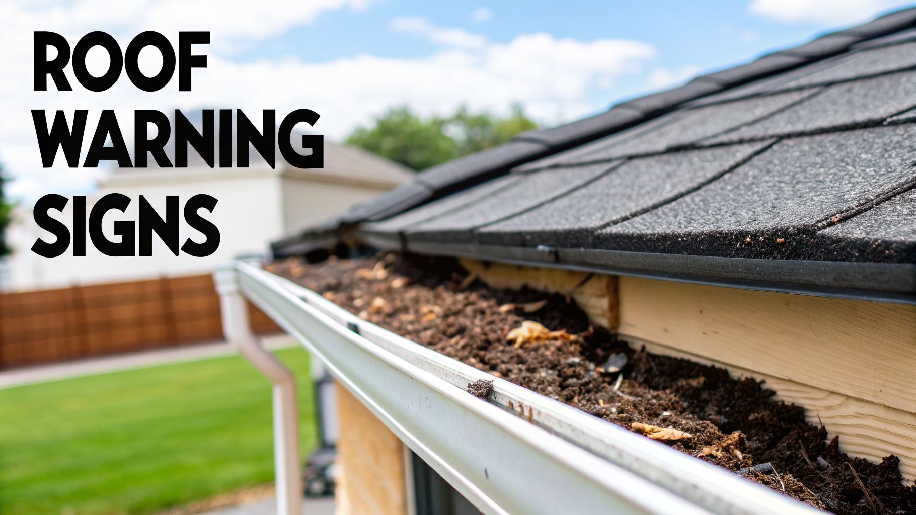 Close-up of a house roof, with a dirty and clogged gutter needing cleaning, illustrating roof warning signs.