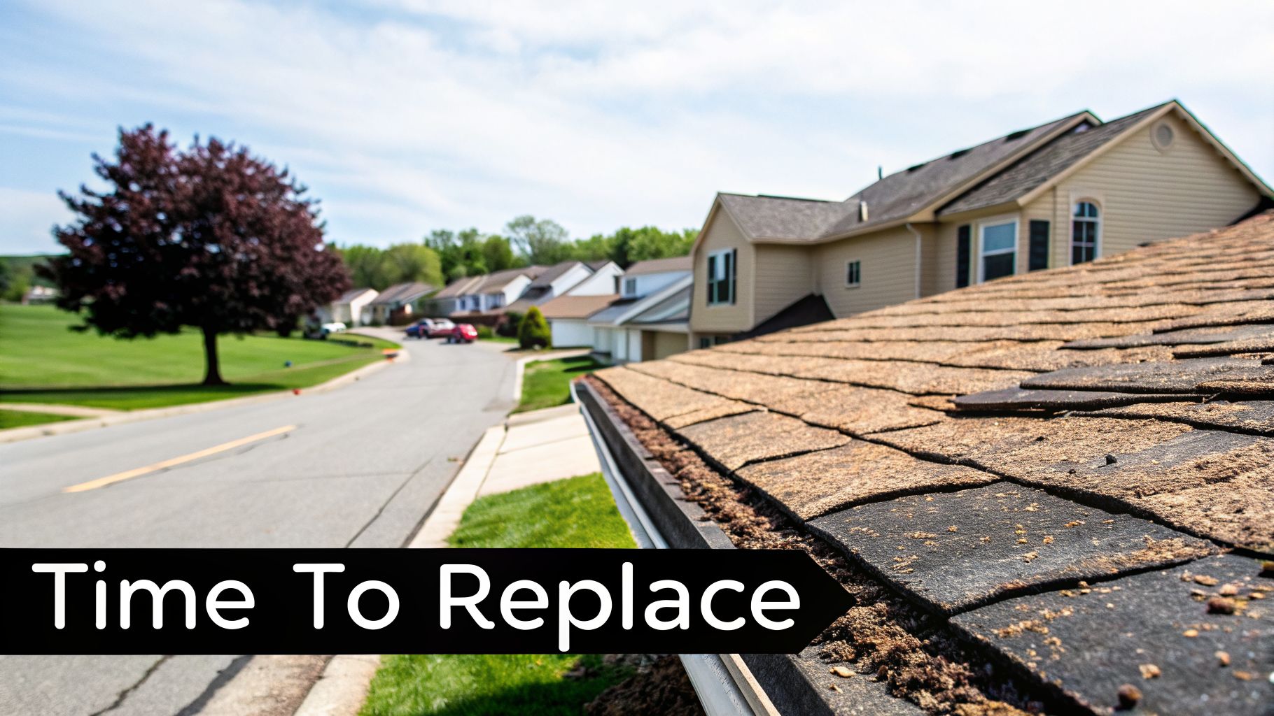 Close-up of a severely damaged asphalt shingle roof with a dirty gutter and the text 'Time To Replace'.