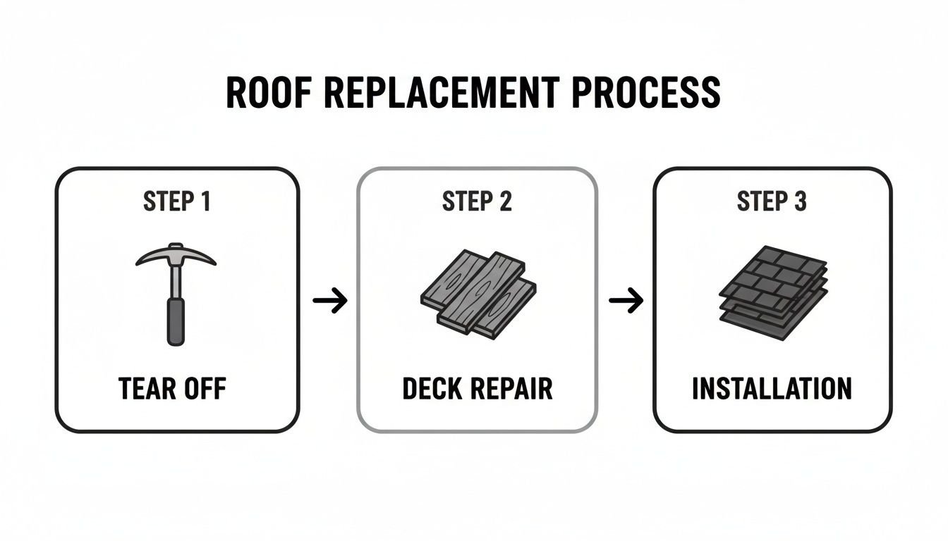 Infographic illustrating the three-step roof replacement process: tear off, deck repair, and installation.