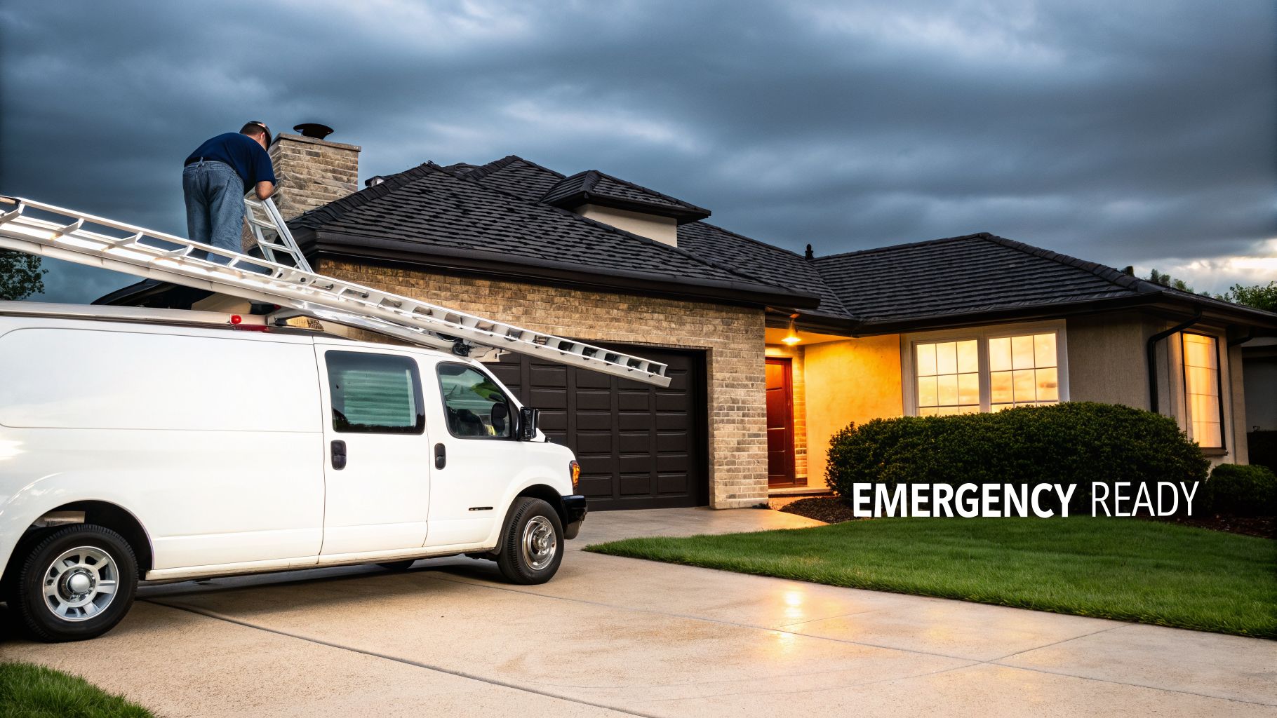 A worker climbs a ladder from a white van to a house roof under a dark sky, ready for emergency repairs.