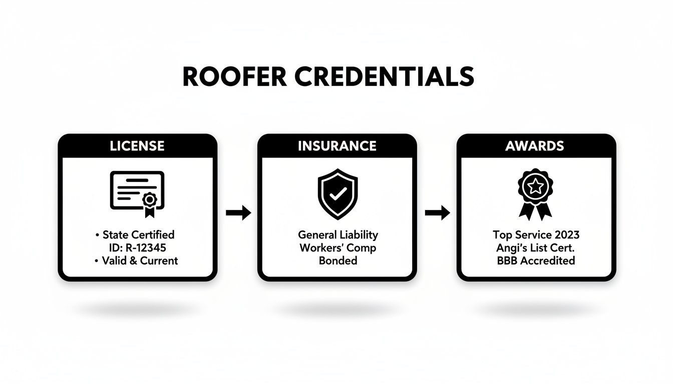 Infographic displaying a roofer's credentials including license, general liability insurance, and service awards.