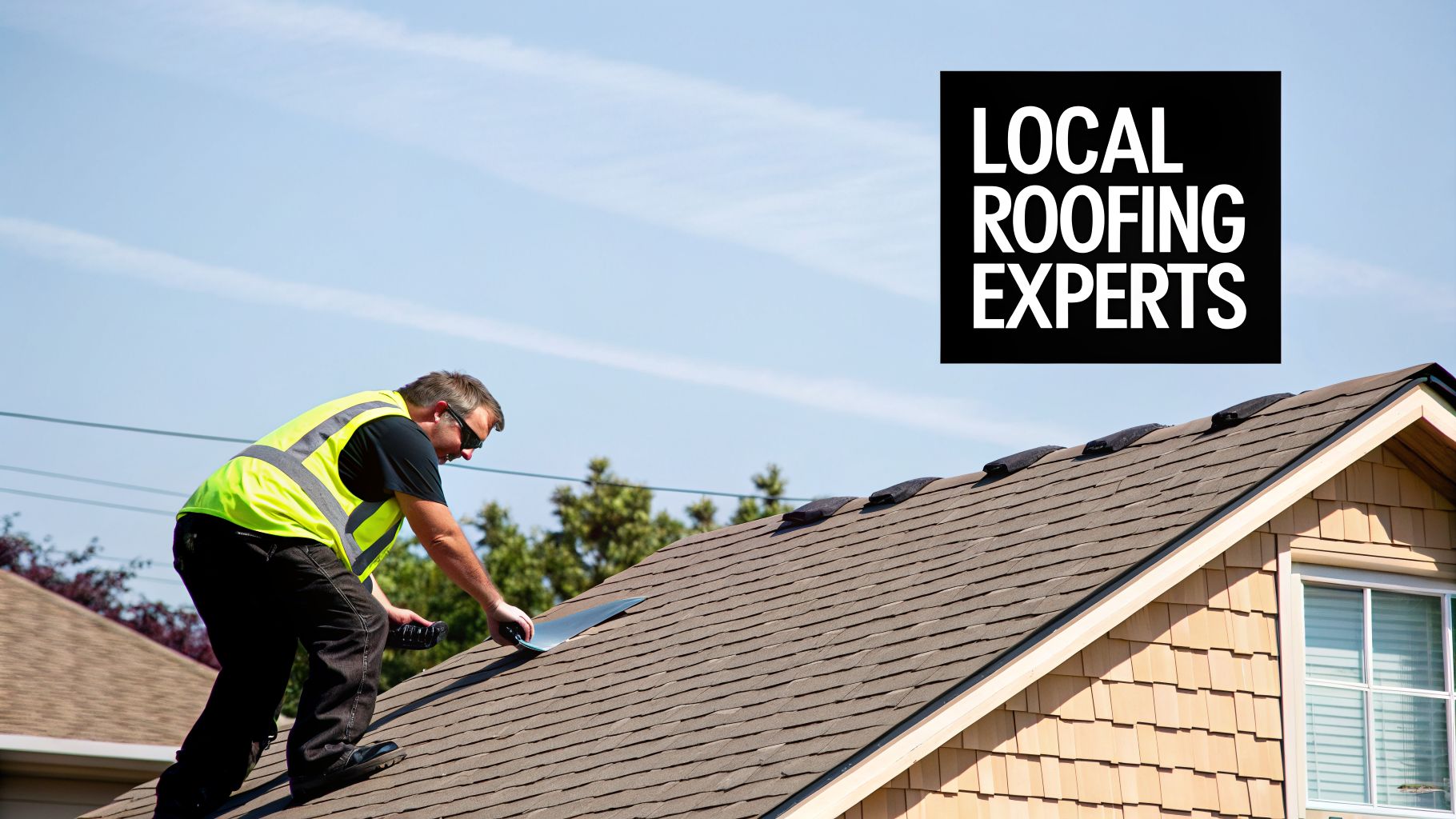 A roofer in a high-visibility vest working on a brown shingle roof under a clear blue sky with text overlay “LOCAL ROOFING EXPERTS”.