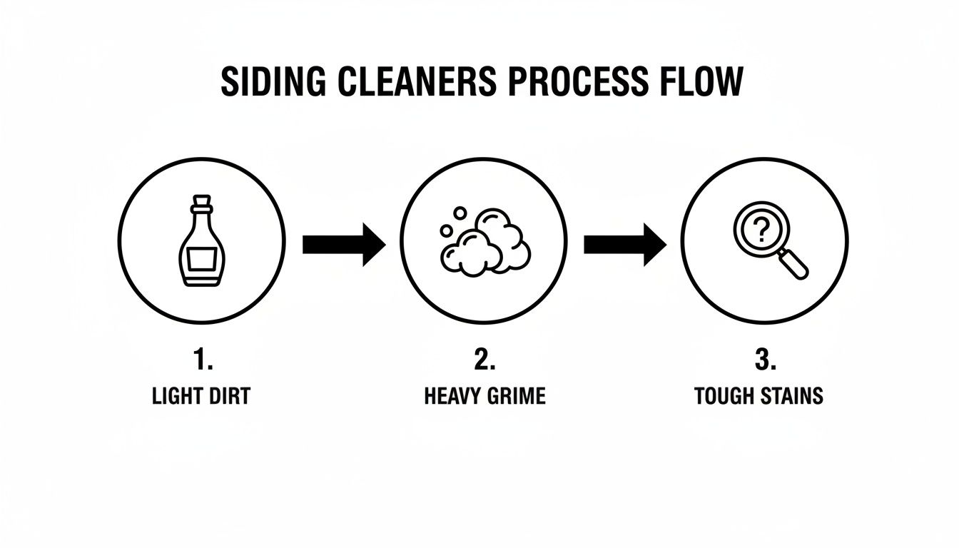 A process flow diagram illustrating siding cleaning steps for light dirt, heavy grime, and tough stains.