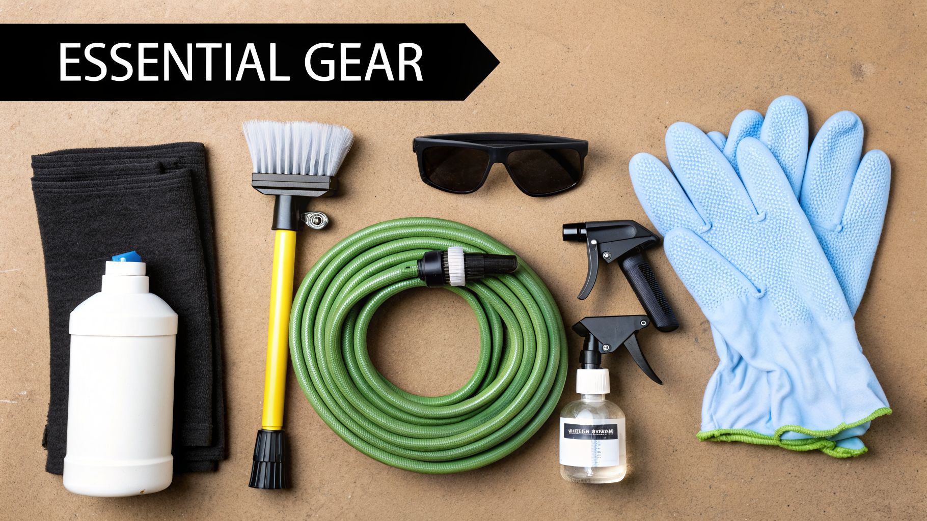 Flat lay of essential outdoor cleaning and gardening gear, including gloves, hose, brush, and cleaning solutions.