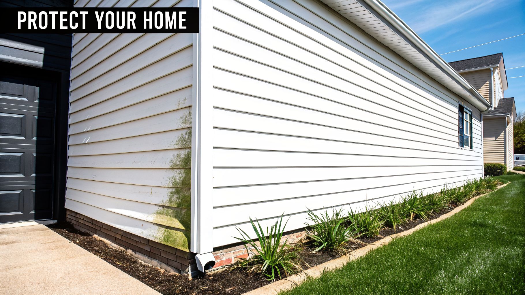 White vinyl siding on a house showing green mildew buildup, indicating a need for cleaning.
