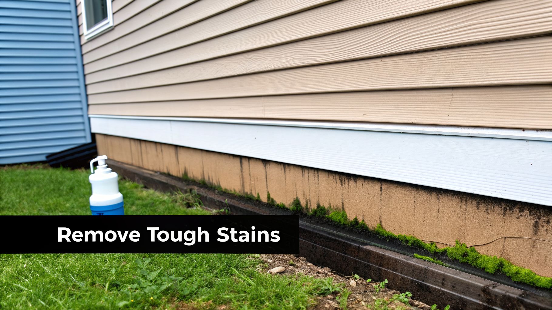 A house exterior showing dirty foundation walls, moss, dark streaks, and a cleaning bottle on grass.