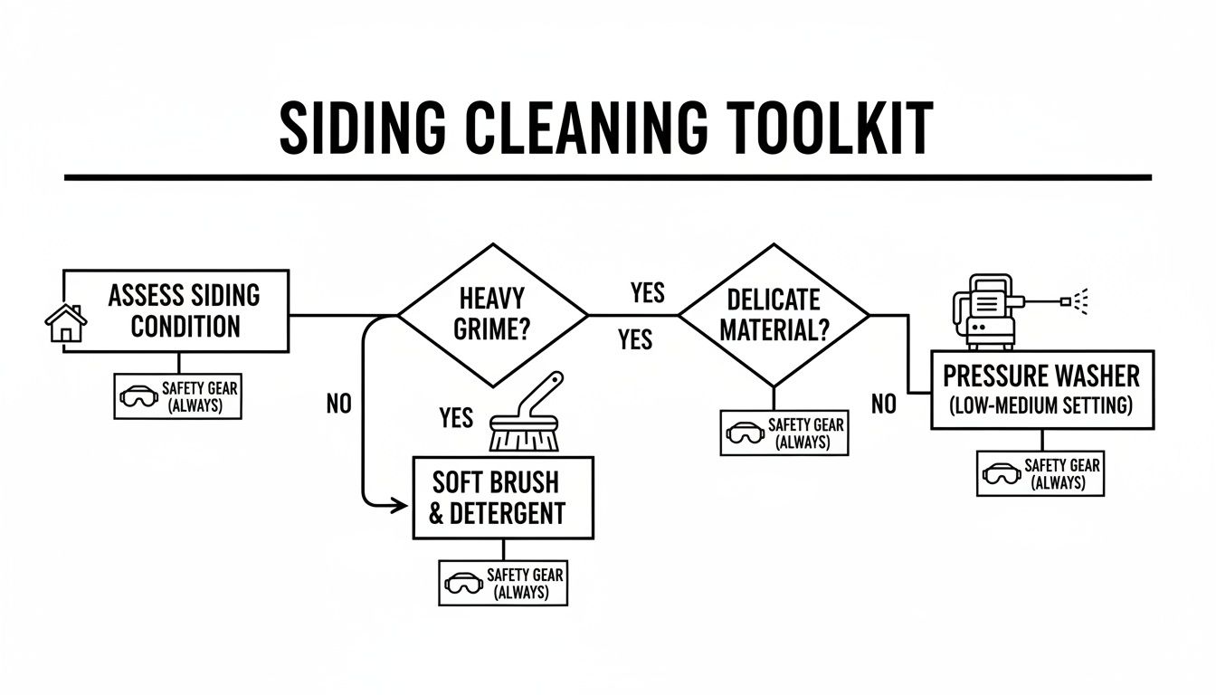 A flowchart detailing the siding cleaning toolkit, outlining steps based on grime and material.