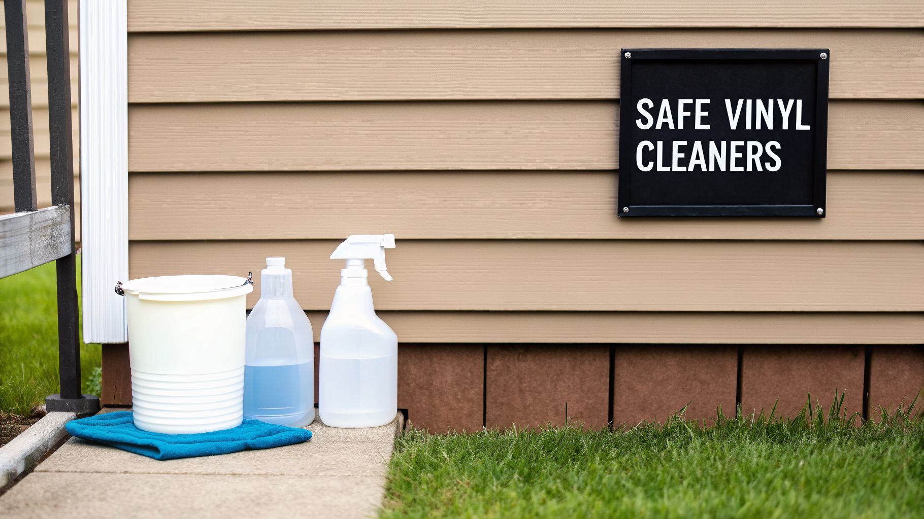 Cleaning supplies: bucket, spray bottles, and towel on a path next to tan vinyl siding with a 'SAFE VINYL CLEANERS' sign.