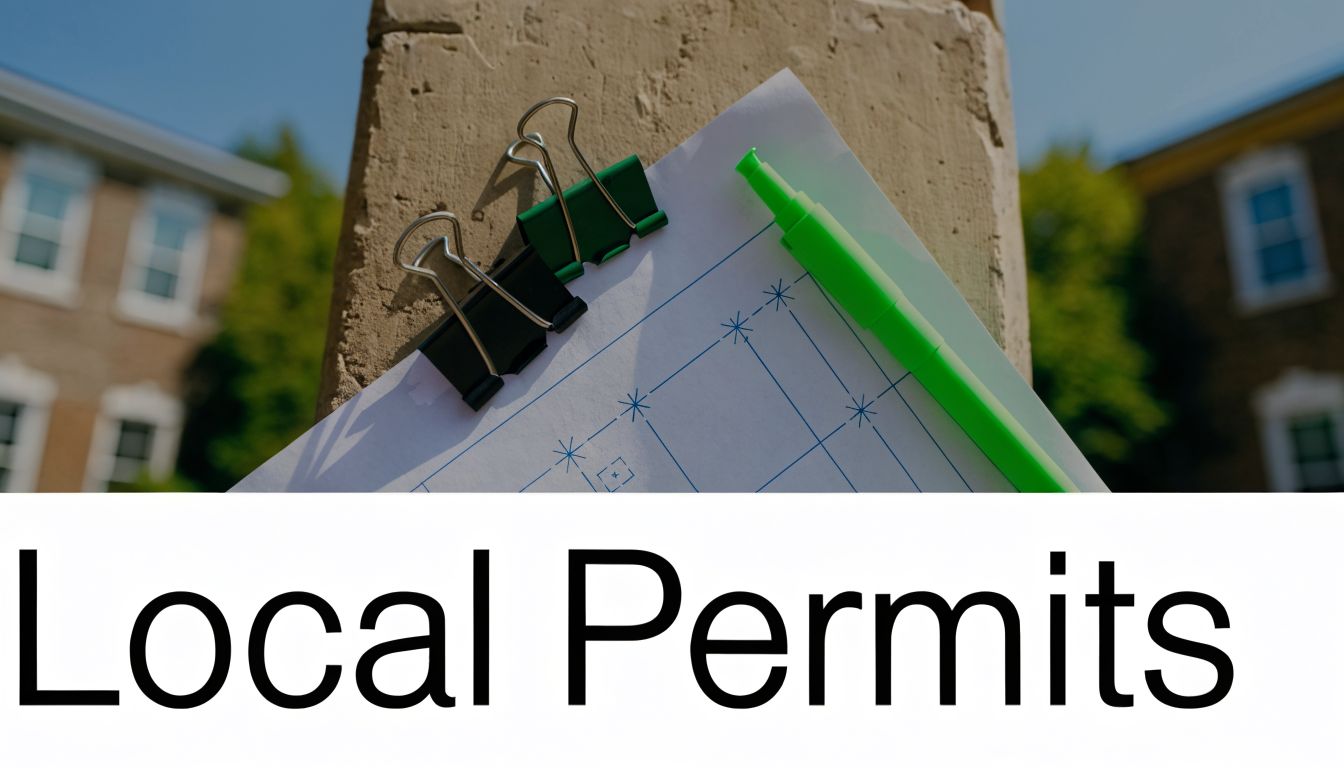 A close-up of building plans attached to a post with binder clips near a house.