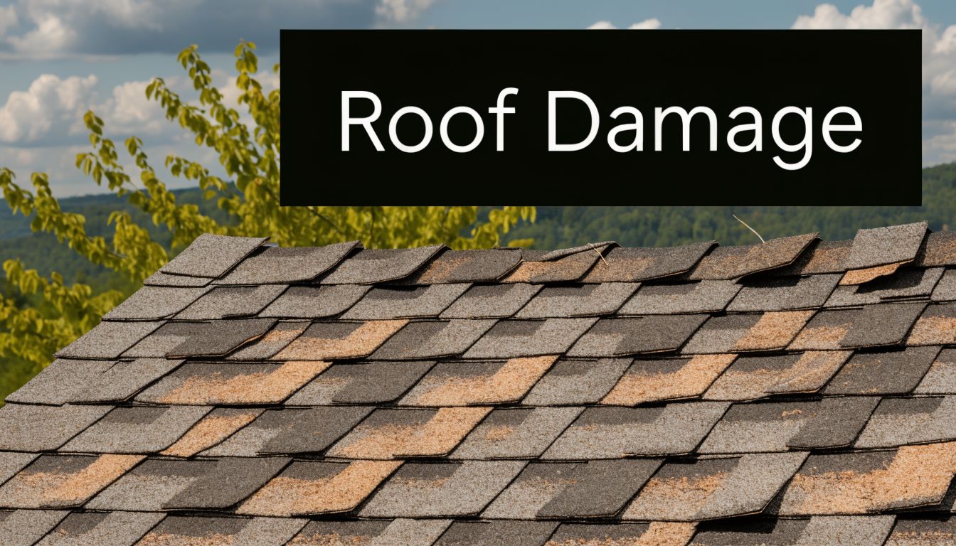 An aging asphalt shingle roof showing visible signs of wear and damage on a sunny day.