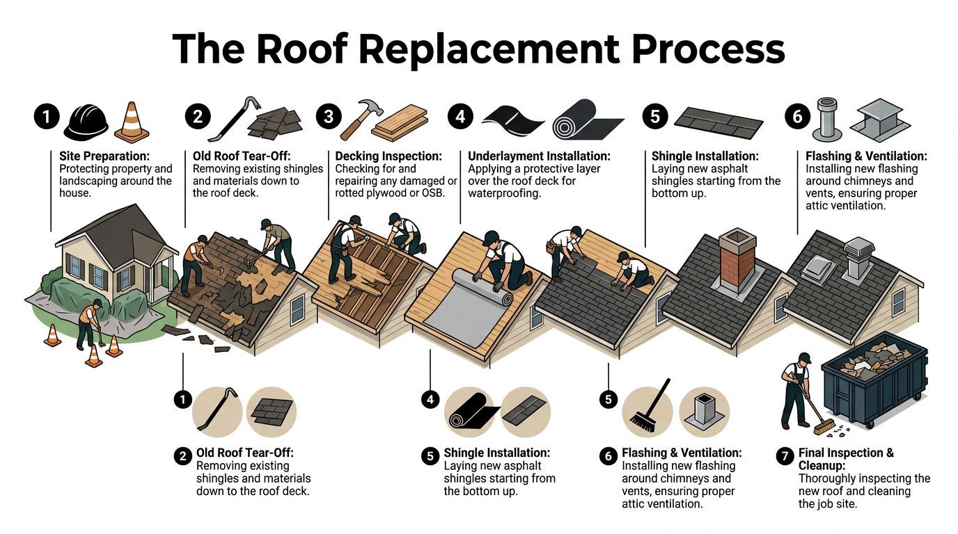 A step-by-step infographic illustrating the seven stages of the residential asphalt shingle roof replacement process.