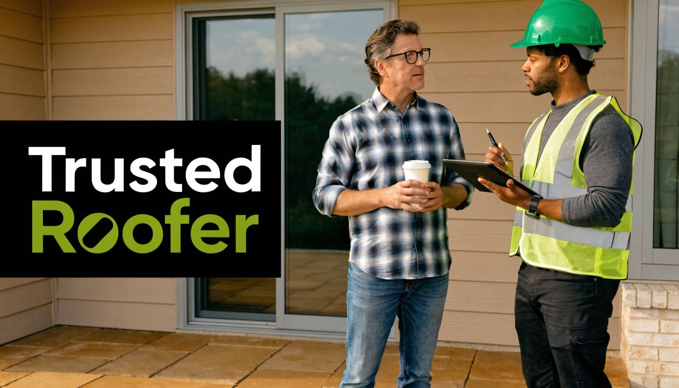 A professional roofer in a safety vest consulting with a homeowner outdoors about roofing repairs.