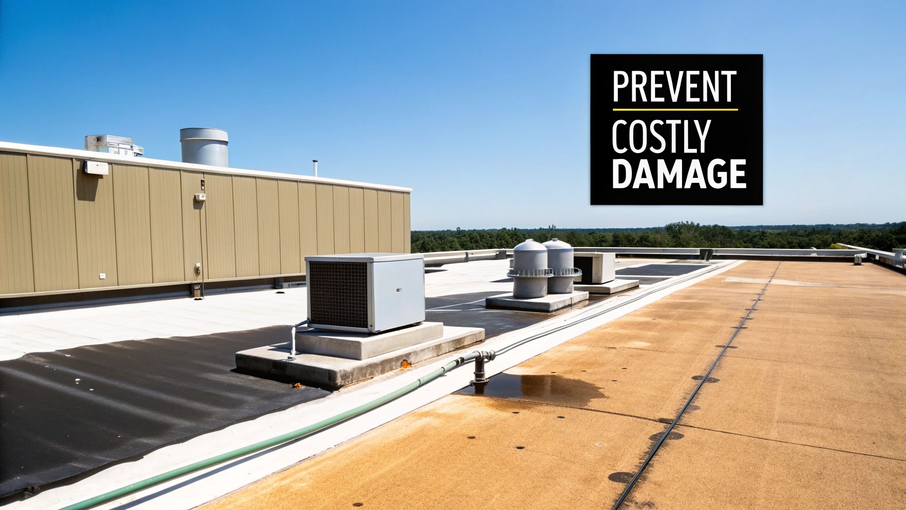 A commercial flat roof with HVAC units, vents, pipes, and small puddles under a blue sky.