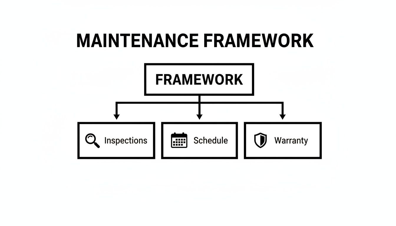 A diagram illustrating a maintenance framework, breaking down into inspections, schedule, and warranty.