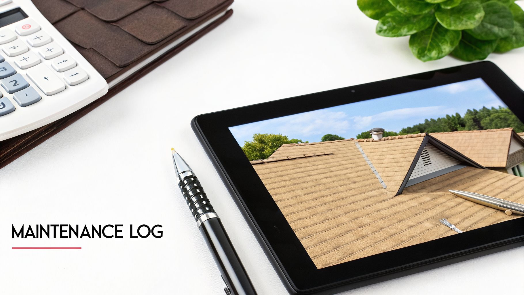 Roof maintenance planning with a tablet displaying a house roof, calculator, and shingle samples.