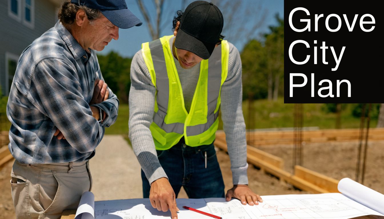 A construction worker and homeowner reviewing building plans together on a sunny outdoor residential job site.