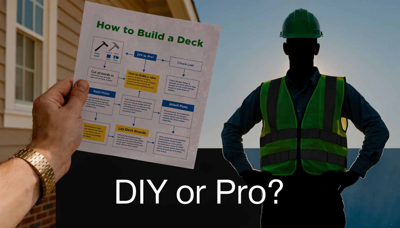 A hand holding a deck building guide near a construction worker standing in front of a house.