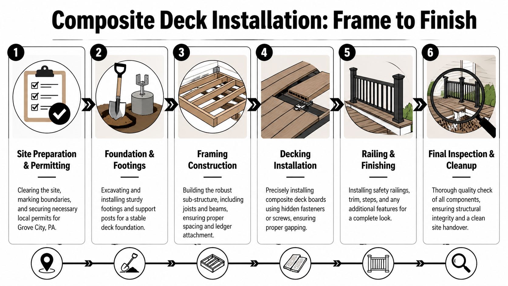A six-step infographic illustrating the composite decking installation process from initial site preparation to final cleanup.