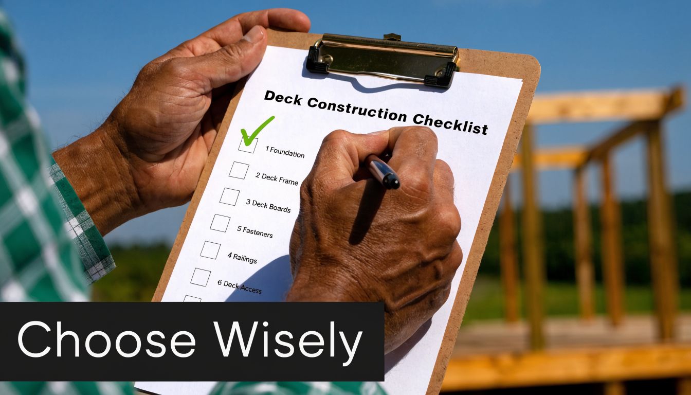 A construction worker holding a clipboard and marking a checklist for building a new outdoor deck.
