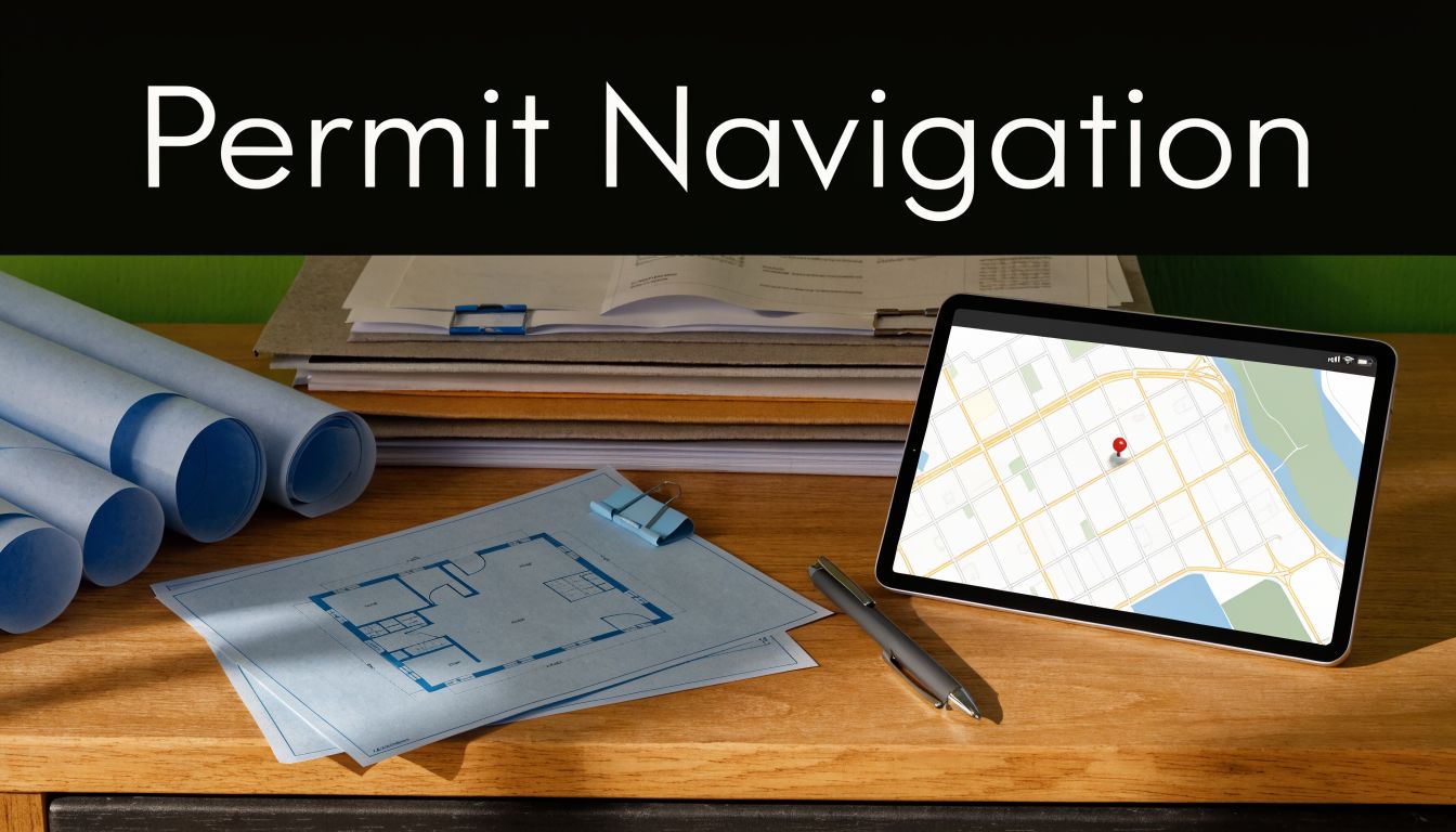A digital tablet displaying a map sits on a wooden desk alongside building blueprints and documents.