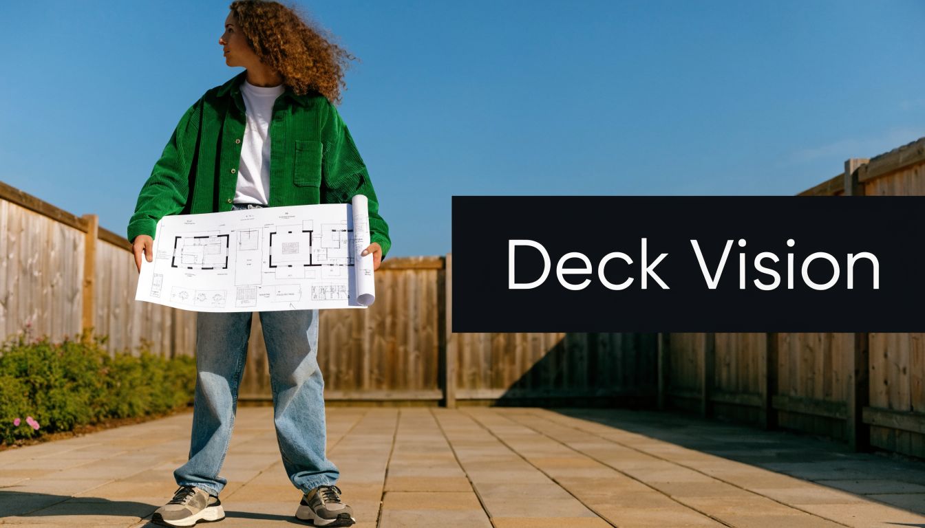 A young person with curly hair holding building blueprints in front of a wooden fence on a patio.
