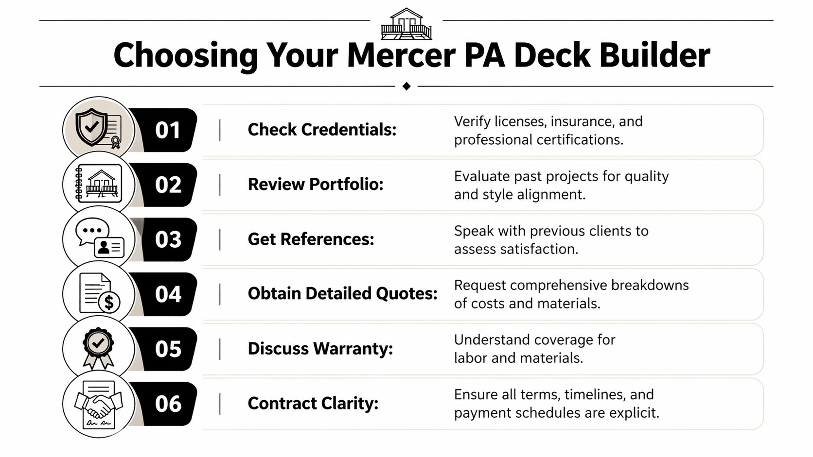 An infographic titled Choosing Your Mercer PA Deck Builder, listing six essential steps for selecting a professional contractor.