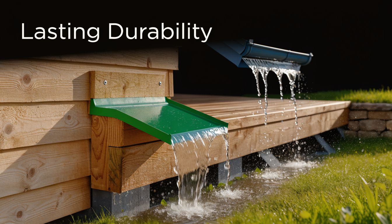 A green metal water diverter mounted on a wooden deck showing water flowing during a rainstorm.
