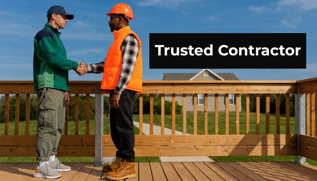 A professional contractor and a homeowner shaking hands on a newly constructed wooden deck outdoors.