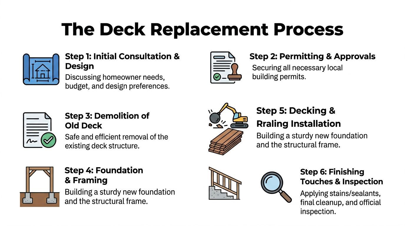 An infographic showing the six sequential steps of the deck replacement process for homeowners.