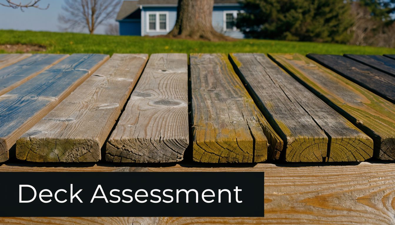 A close-up view of weathered wooden deck planks showing signs of decay and aging wood texture.