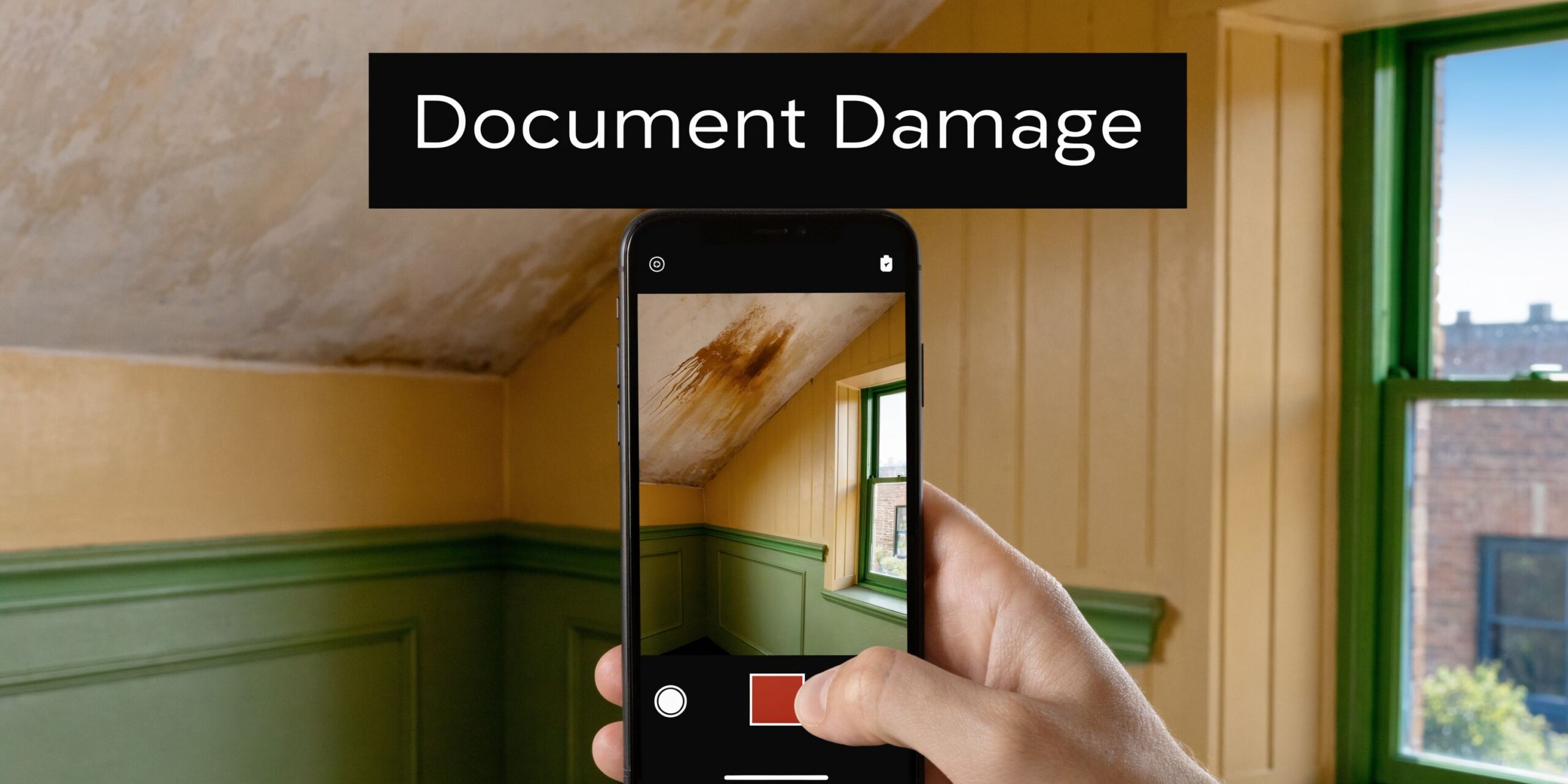 A person using a smartphone camera to document significant water damage on a slanted attic ceiling.