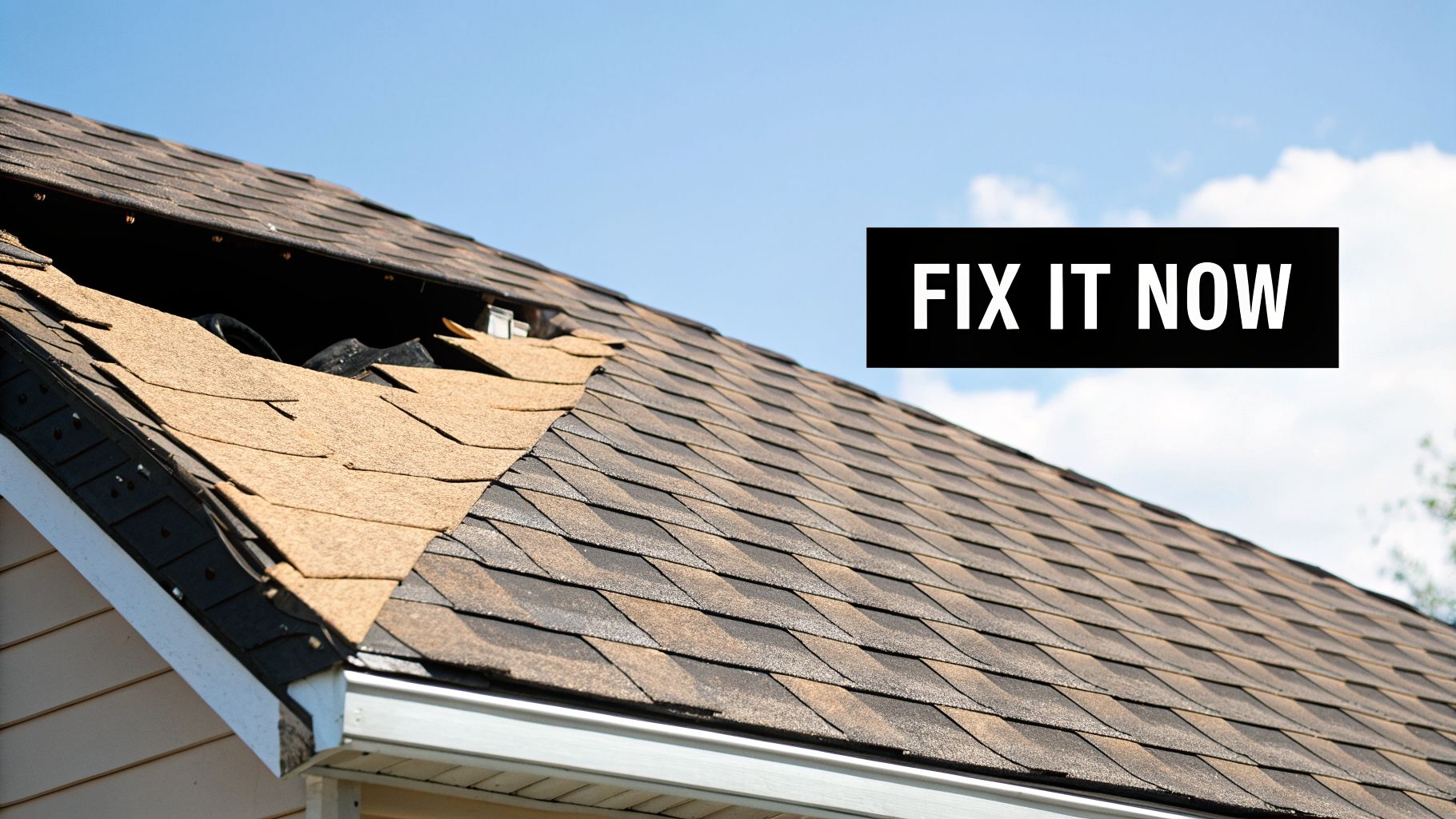 A residential roof with missing and damaged shingles, showing a hole, under a blue sky, with the text 'FIX IT NOW'.