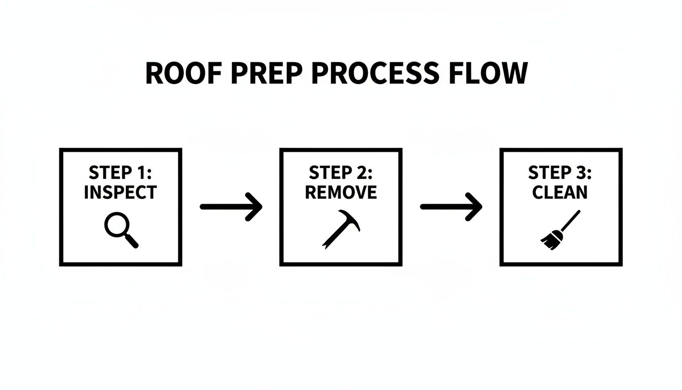 Flowchart showing three steps of roof preparation: inspect with magnifying glass, remove with hammer, and clean with broom.