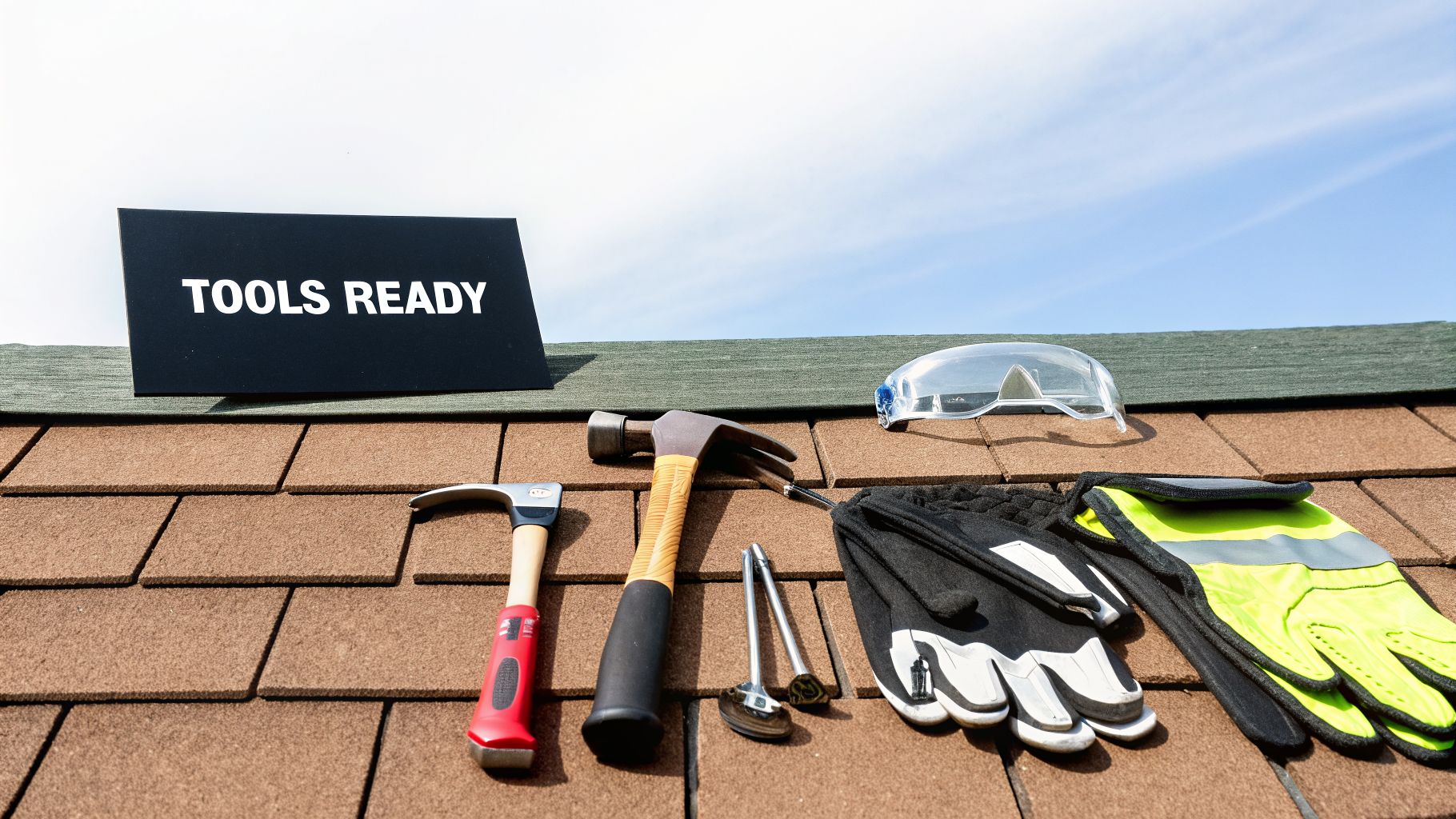 A collection of construction and roofing tools including hammers, safety glasses, and gloves on a shingle roof, with a 'TOOLS READY' sign.