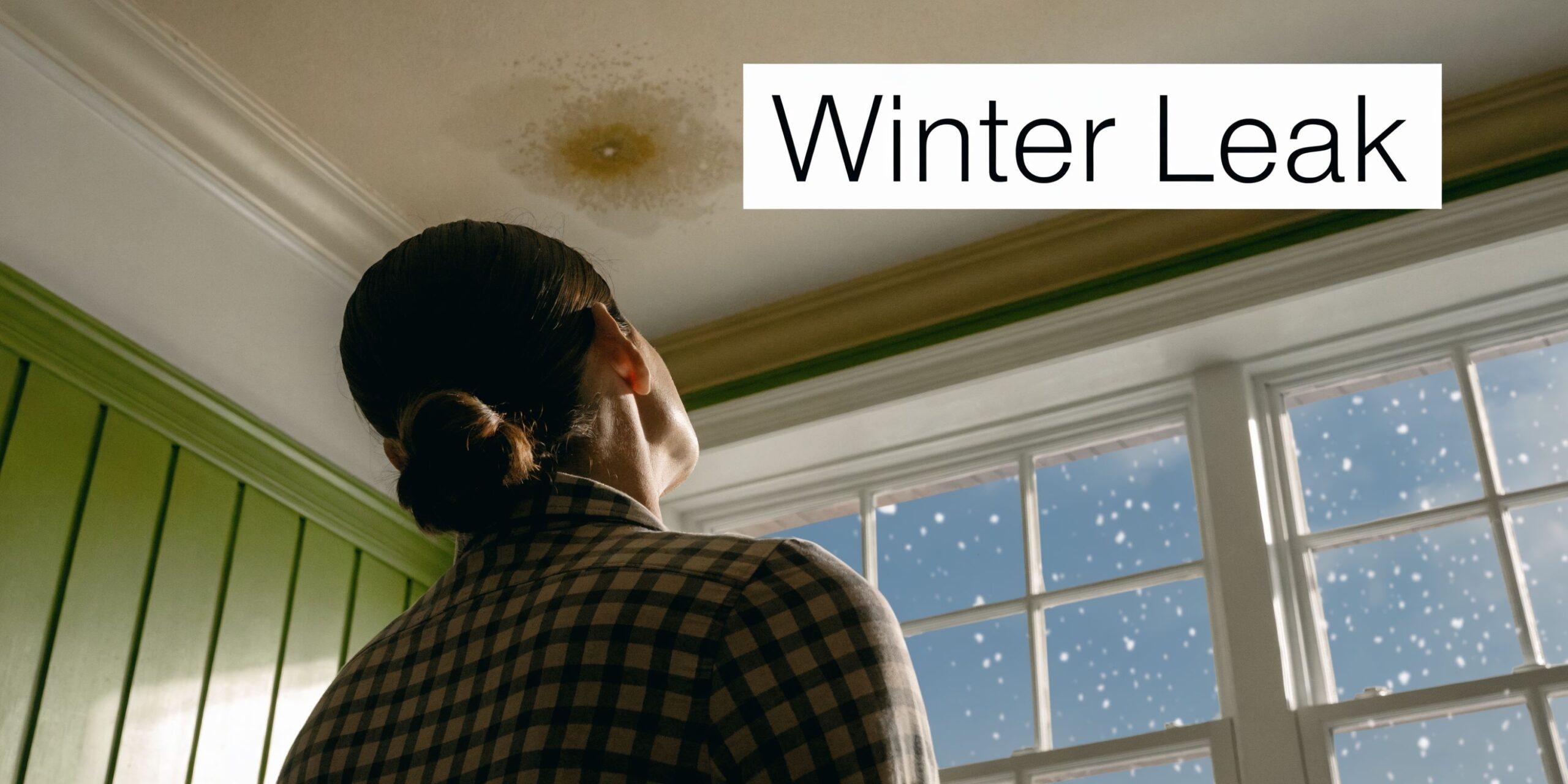 A concerned woman looks at a water damage stain on her ceiling during a snowy winter day.