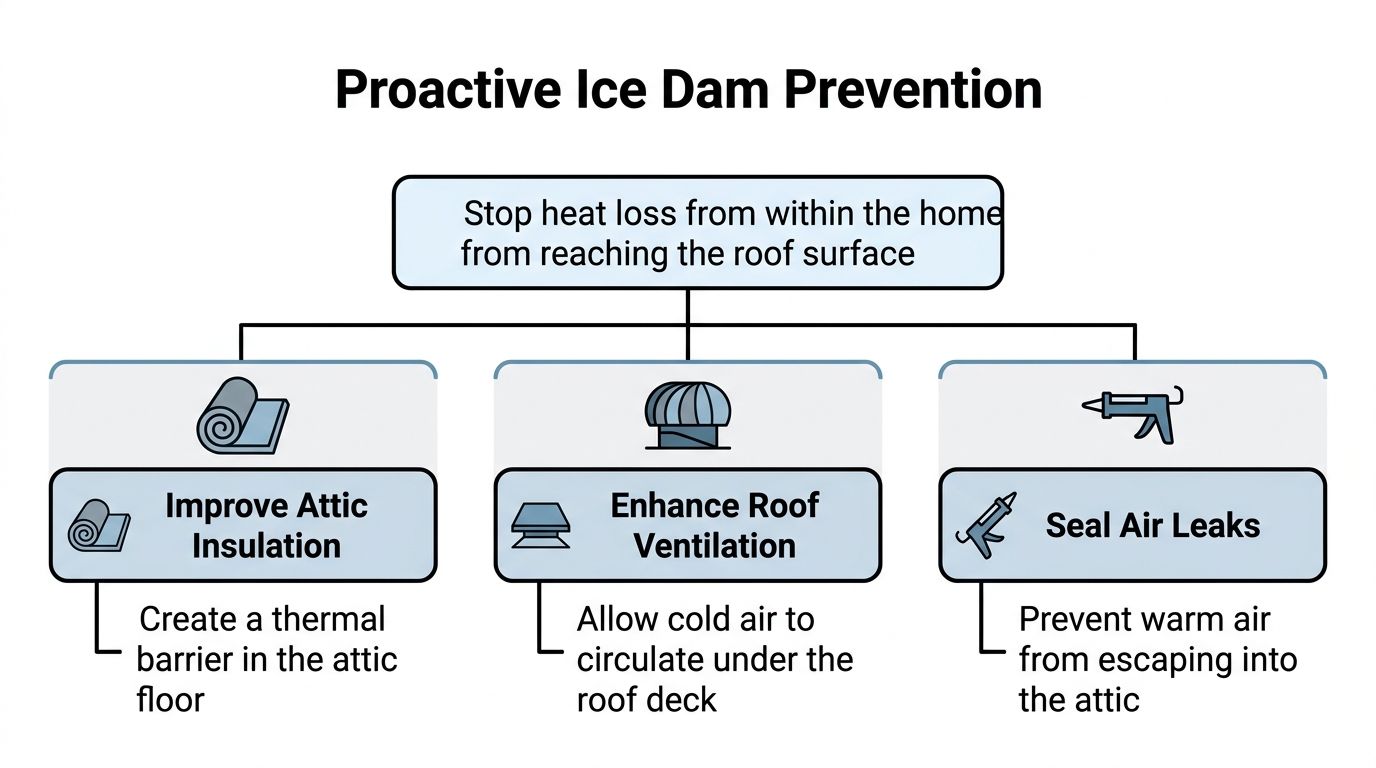 A diagram outlining three proactive steps to prevent ice dams on roofs: improving insulation, ventilation, and sealing.