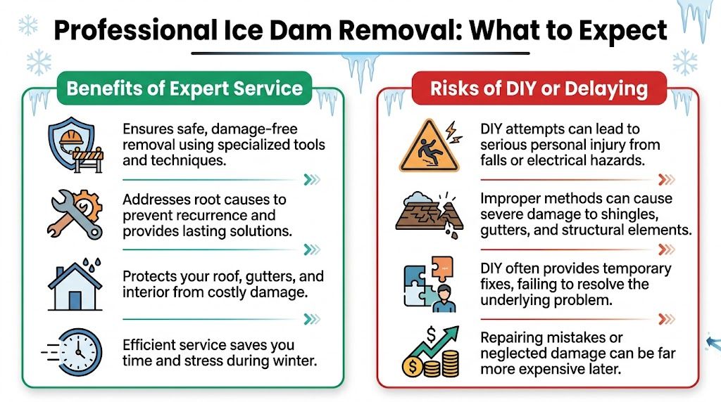 A comparison chart showing benefits of professional ice dam removal versus the risks of DIY attempts.