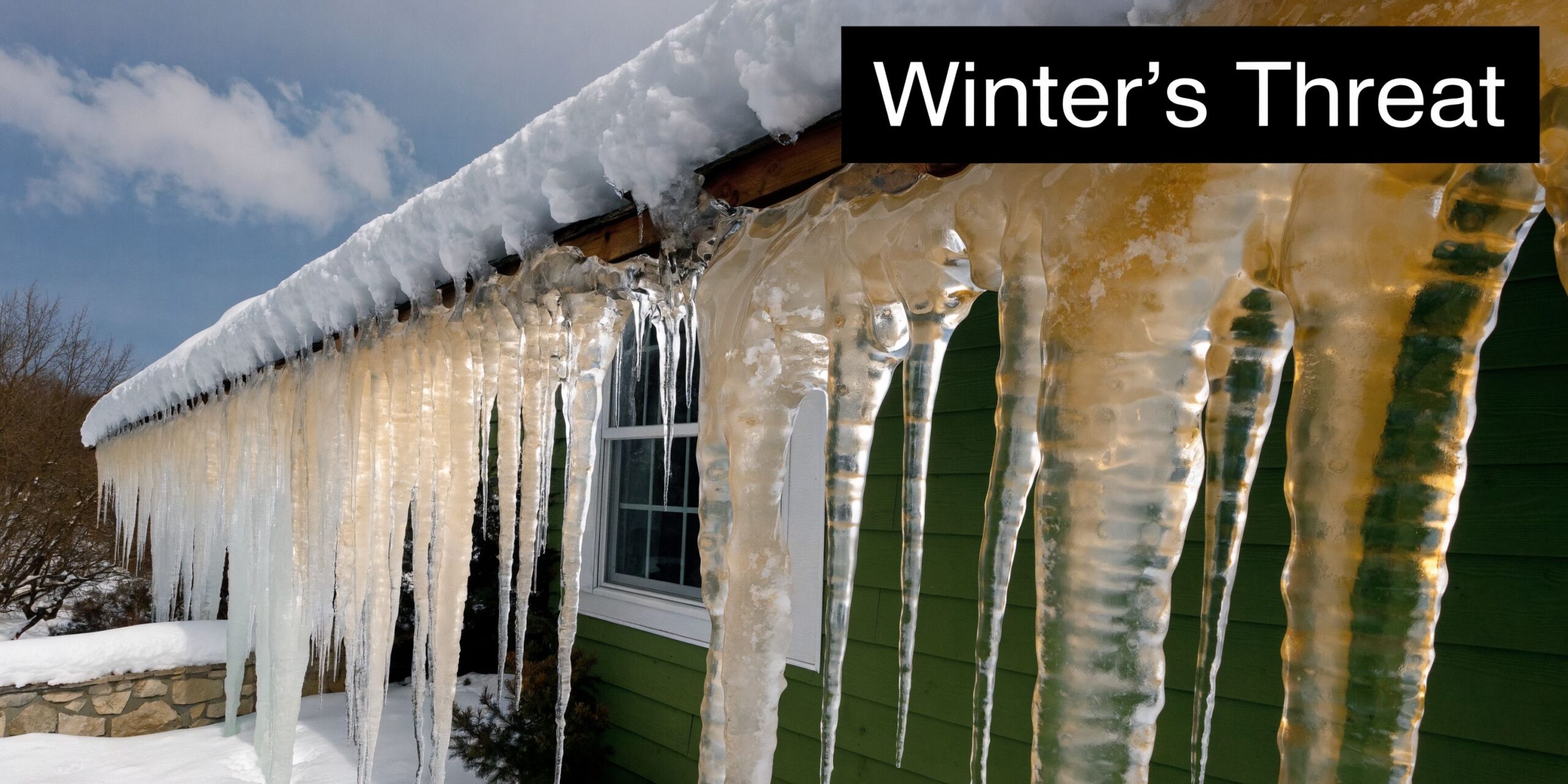 Large, dangerous icicles hanging from the roof edge of a green house during a snowy winter day.