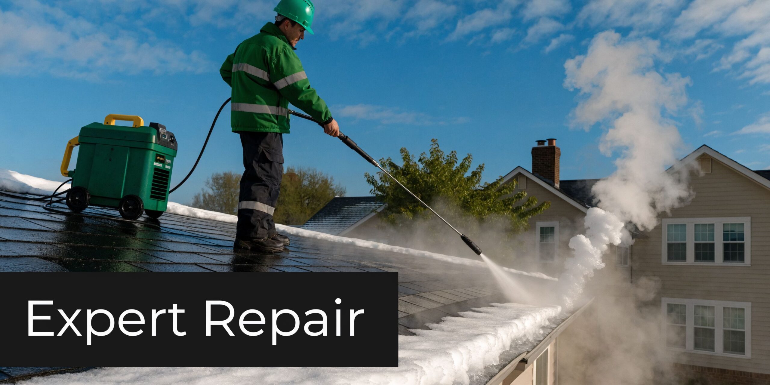 A professional technician using steam to remove an ice dam from a residential roof in winter.