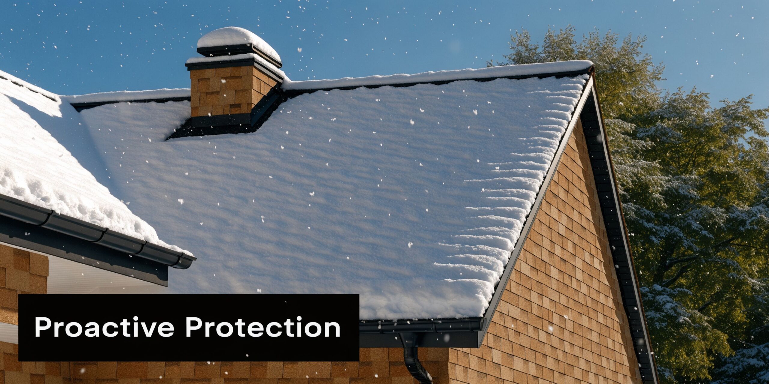 A snow-covered roof of a residential home on a bright, sunny winter day with falling snowflakes.